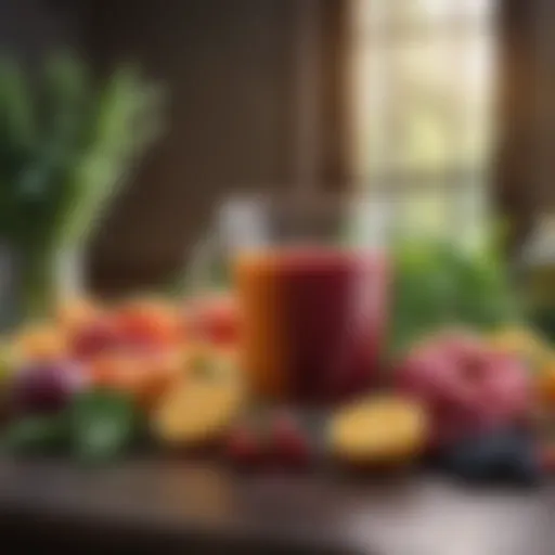 An array of colorful fruits and vegetables ready for juicing