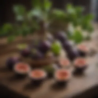 An artistic arrangement of fresh figs on a wooden table, highlighting their unique texture and colors.