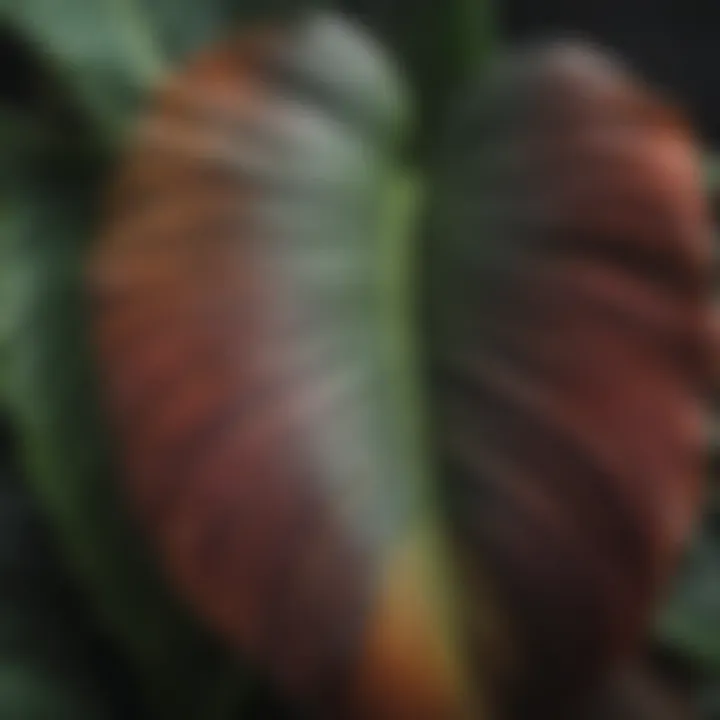 Intricate details of a rare Calathea leaf highlighting its vibrant colors