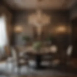 Elegant dining room featuring intricate wallpaper design