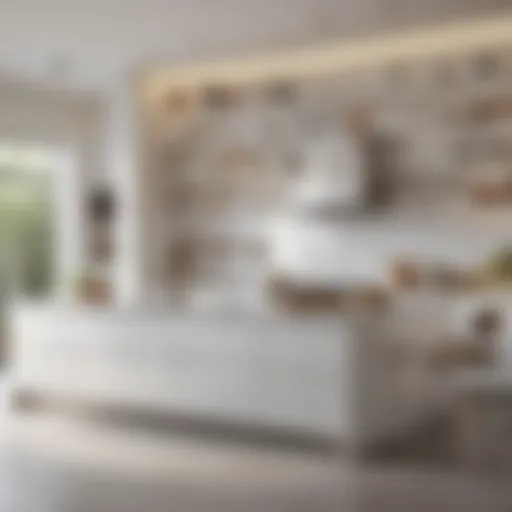 Bright and airy white kitchen featuring modern cabinetry and open shelving.