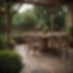 Elegant wood patio furniture arranged in a serene outdoor setting