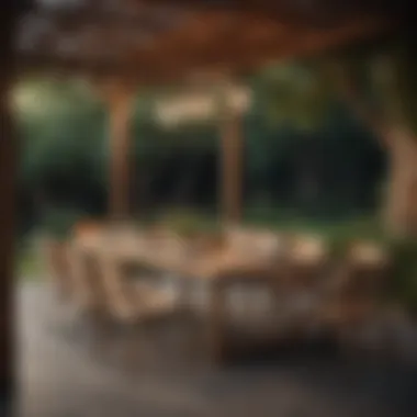 Stylish outdoor dining setup featuring wood furniture