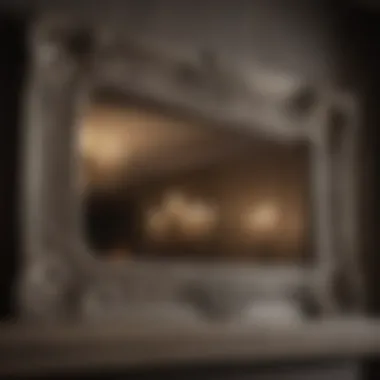 Close-up of intricate details on a vintage fireplace mantle mirror