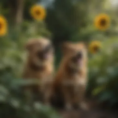 Sunflowers: Cheerful Companions for Your Furry Friends Bright sunflowers surrounded by lush green leaves, ideal for a dog-friendly environment.