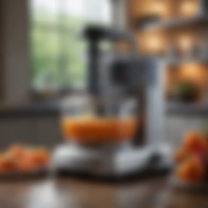 A food processor in action alongside finished dishes