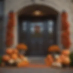 A beautifully arranged seasonal front door decor with autumn leaves and pumpkins