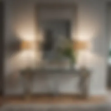 Contemporary Glass Console Table with Decor Modern glass console table adorned with decorative elements