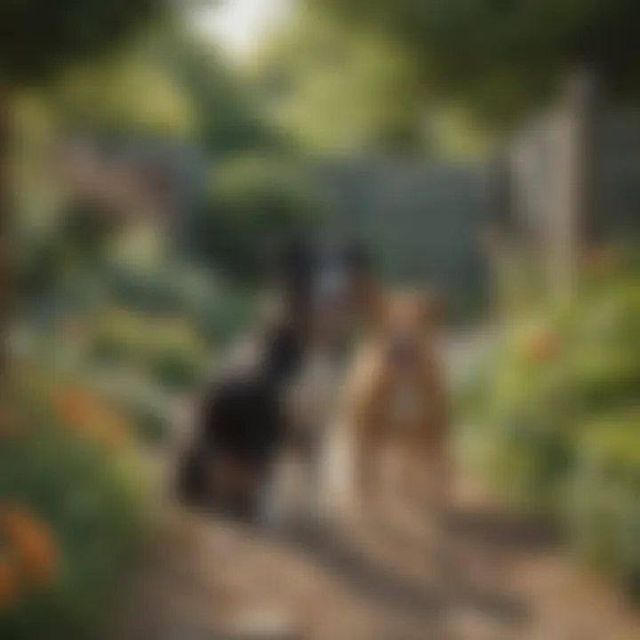 A fenced garden with dogs playing inside