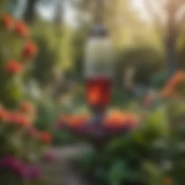 Hummingbird Feeders Enhancing Garden Aesthetics A serene garden scene with small glass hummingbird feeders complementing vibrant flowers