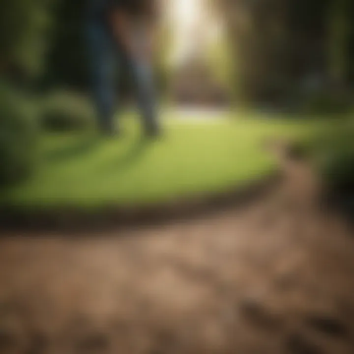 Gardener applying green sand to a lawn