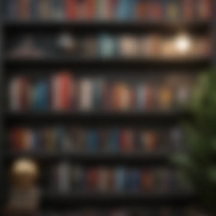 Close-up of a curated bookshelf showcasing color-coordinated books
