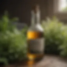 Vinegar bottle surrounded by fresh herbs and weeds