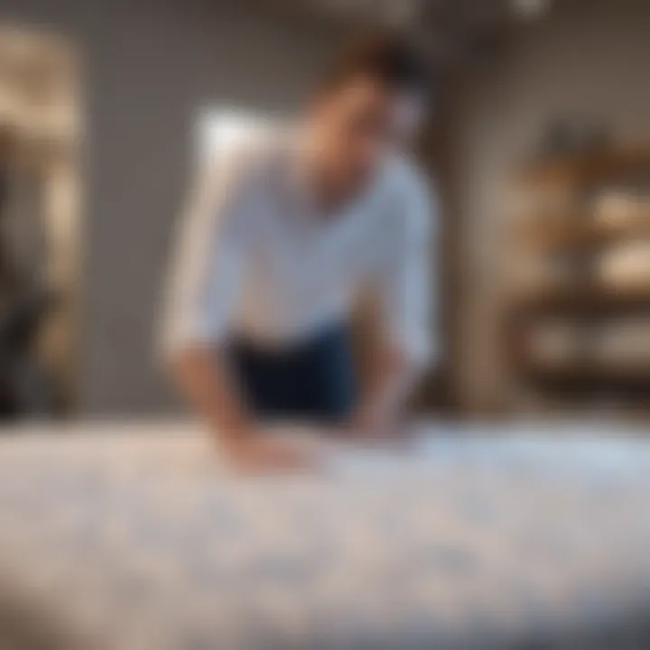 Person testing mattress firmness in a store