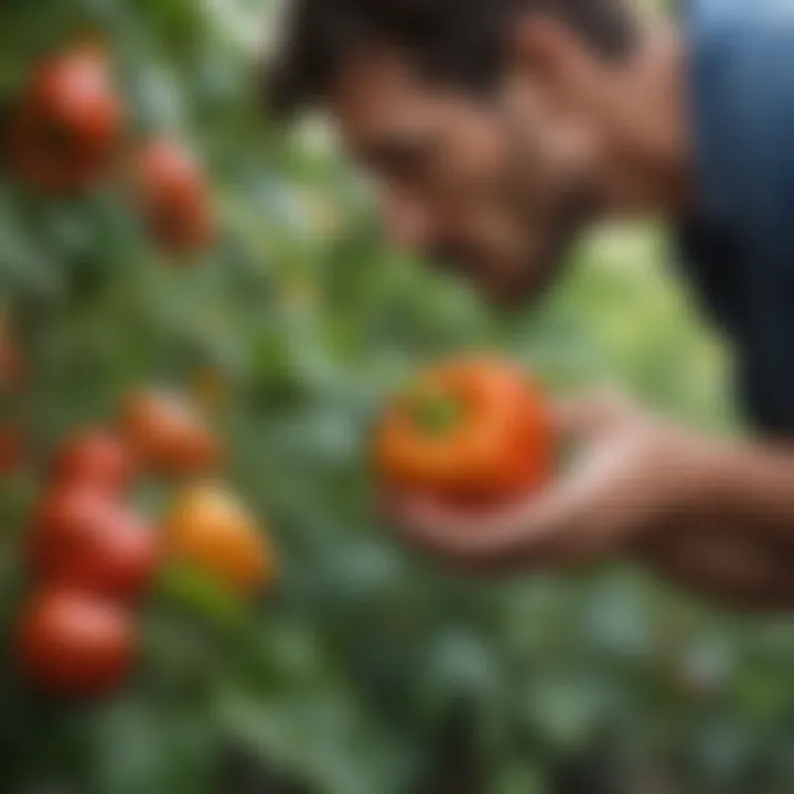 A gardener inspecting pepper fruits for ripeness