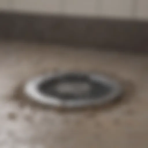 A close-up view of a clogged shower drain with hair and debris.