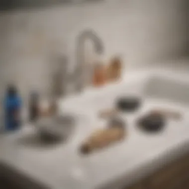 Essential Tools for Unclogging Tools and supplies needed for unclogging a shower drain arranged on a bathroom counter.