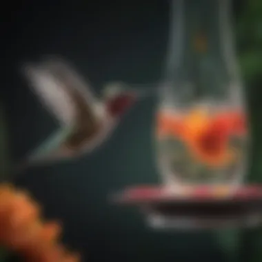 Hummingbird Enjoying Nectar from Glass Feeder Close-up of a vibrant hummingbird feeding from a stylish glass feeder filled with nectar