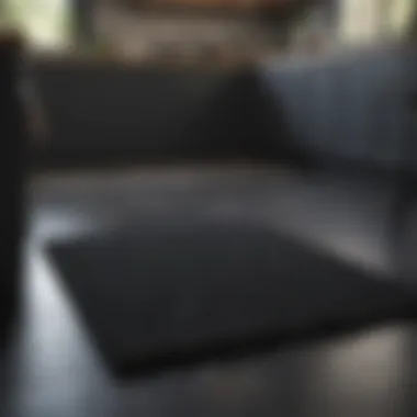 Variety of black rug materials displayed in kitchen