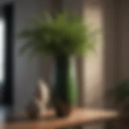 Elegant tall vase on a modern console table adorned with fresh greenery.