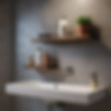 Sleek Wall-Mounted Shelves Displaying Decor Stylish wall-mounted shelves showcasing decorative elements in a bathroom