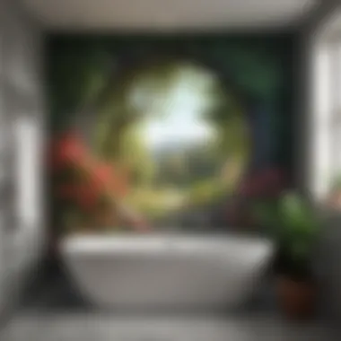 Transformative Wall Mural for a Dynamic Space Vibrant wall mural transforming the ambiance of a large bathroom