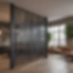 Sleek metal room divider in a contemporary living space