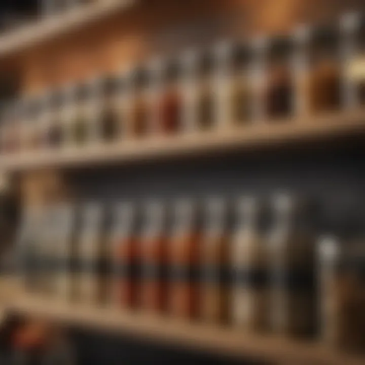 Aesthetic glass jars with labeled spices on a shelf