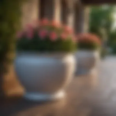 Elegant ceramic planters with blooming flowers enhancing a patio