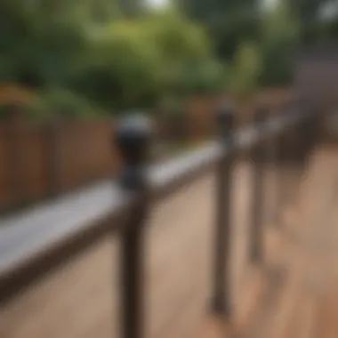 Close-up of various railing materials, including wood and metal.