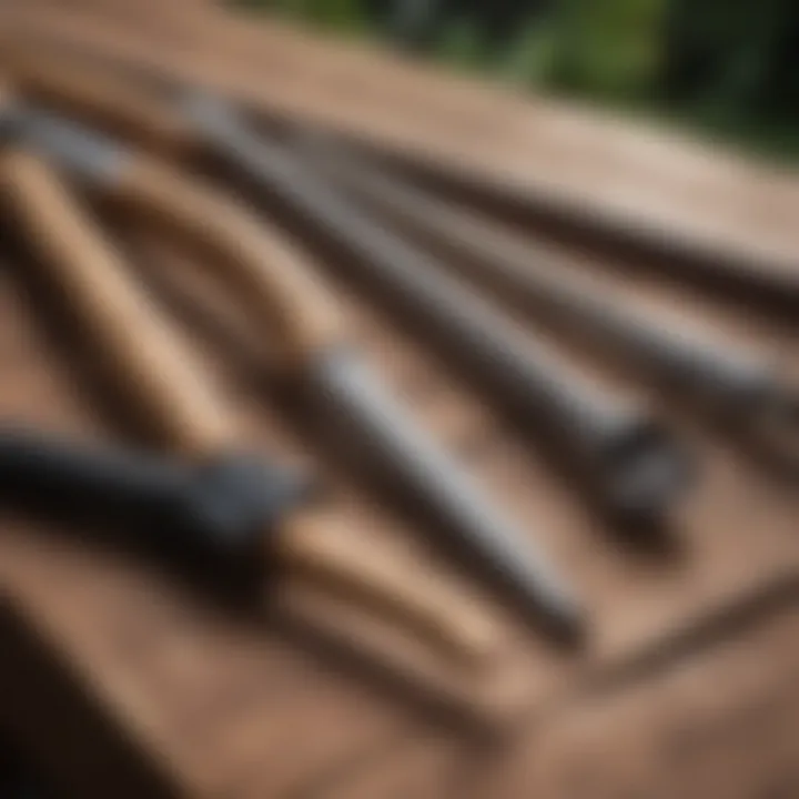 Tools laid out neatly for deck railing installation.