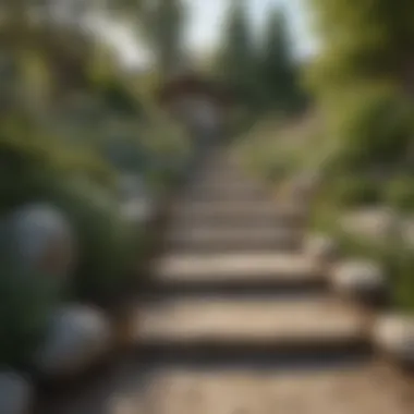 Beautiful stone pathways leading through a sloped yard