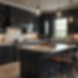 Elegant kitchen showcasing light countertops paired with dark cabinetry