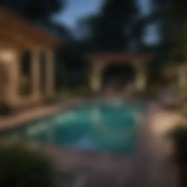 A beautifully designed outdoor space with low voltage lighting enhancing the pool area