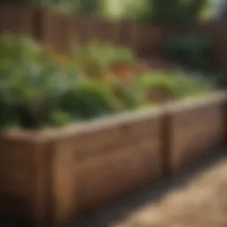 A close-up view of a wooden raised vegetable garden showcasing the natural grain and texture of the wood.