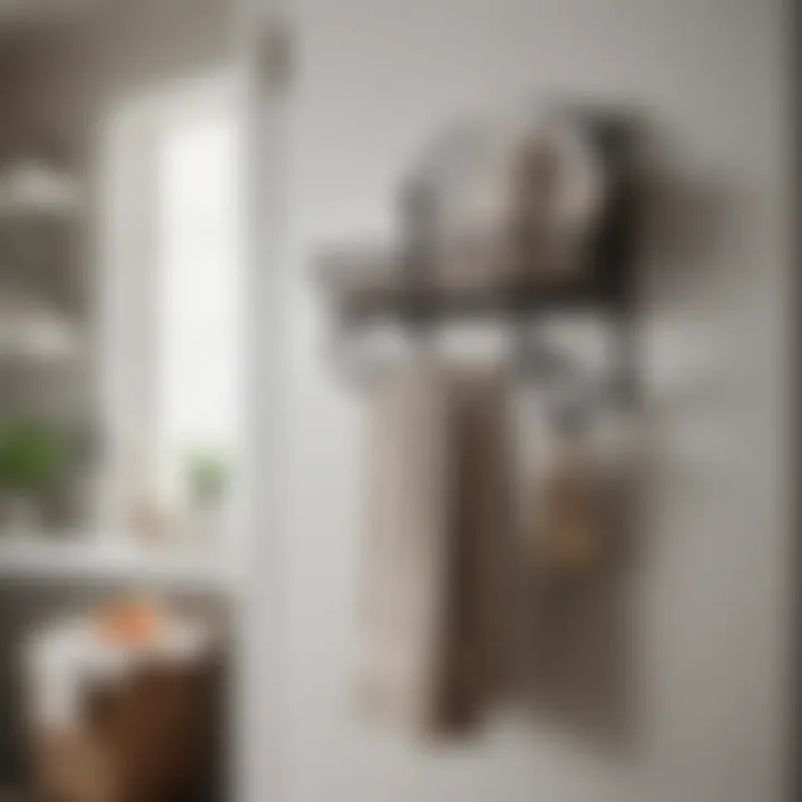 Chic over the door towel rack with a decorative basket in a contemporary kitchen.