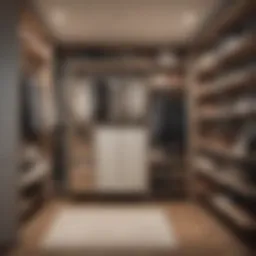 Stylish small walk-in closet with organized shelves and hanging space