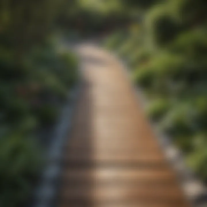 A beautifully designed wooden walkway meandering through a garden