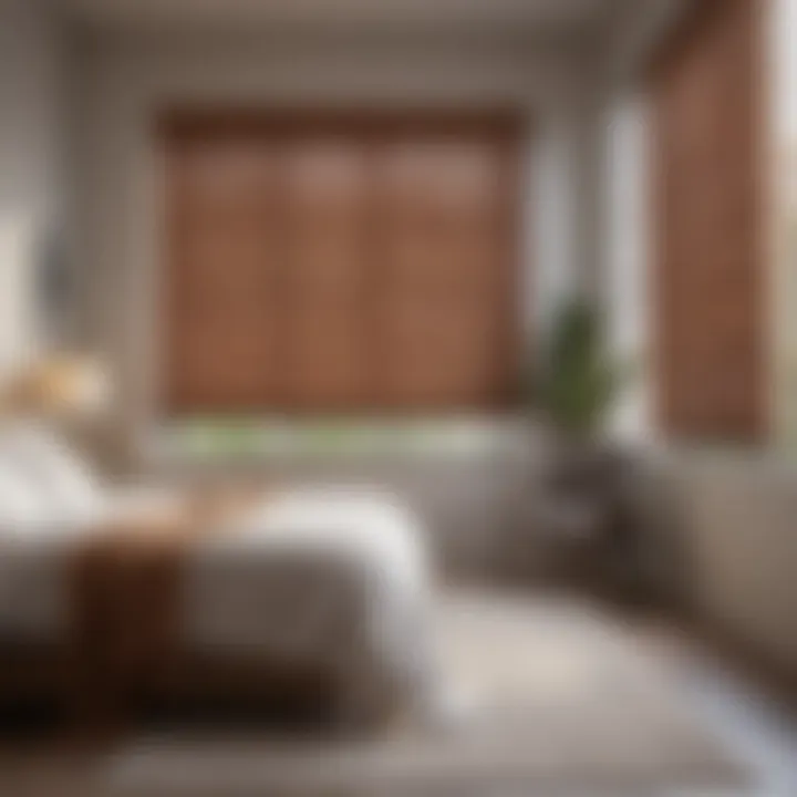 An elegant bedroom featuring sleek wooden window blinds