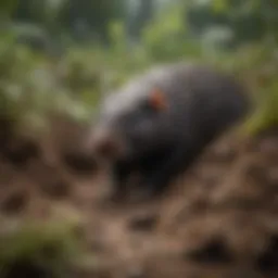 A close-up of a mole in its natural habitat, showcasing its distinctive features.