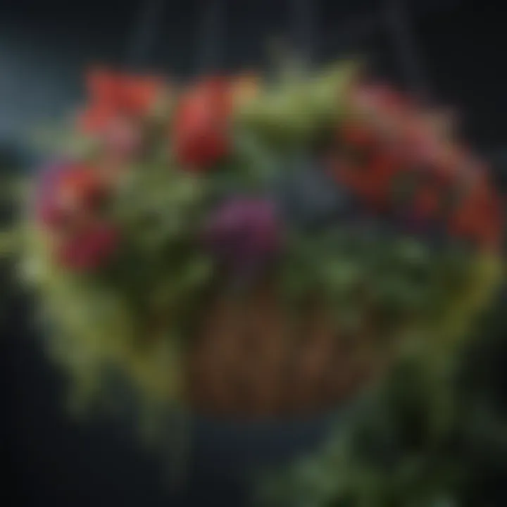 A close-up of a diverse range of textures in a hanging basket.