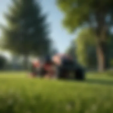 An overview of a lawn being mowed under clear blue skies