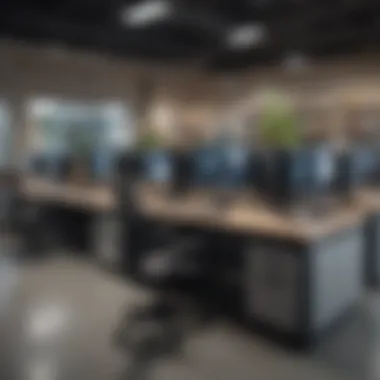 An array of computer desks displayed in a large furniture store