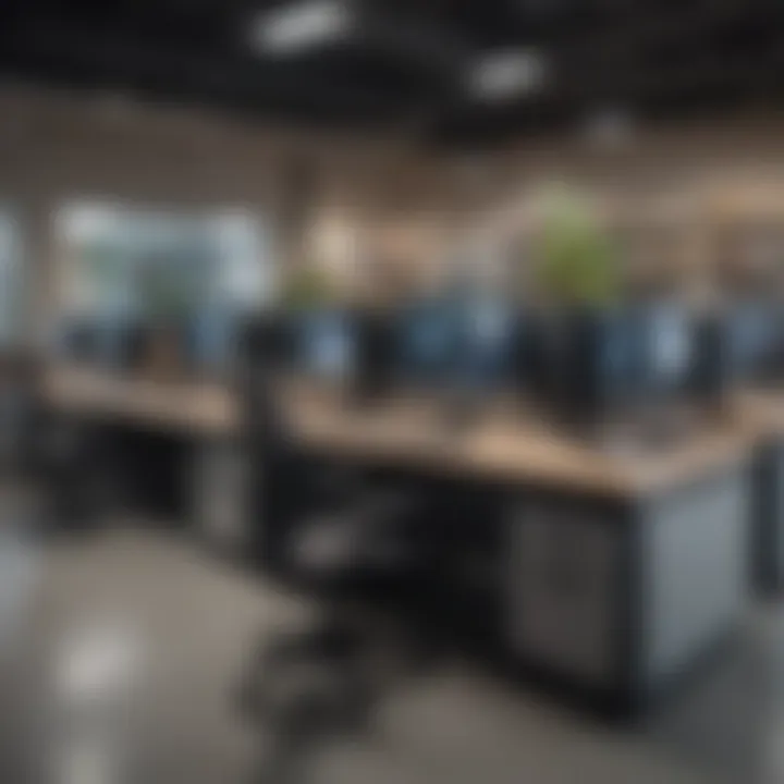 An array of computer desks displayed in a large furniture store