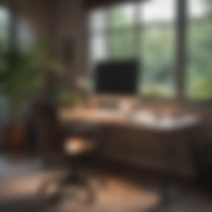A serene workspace with a well-designed computer desk and ambient lighting
