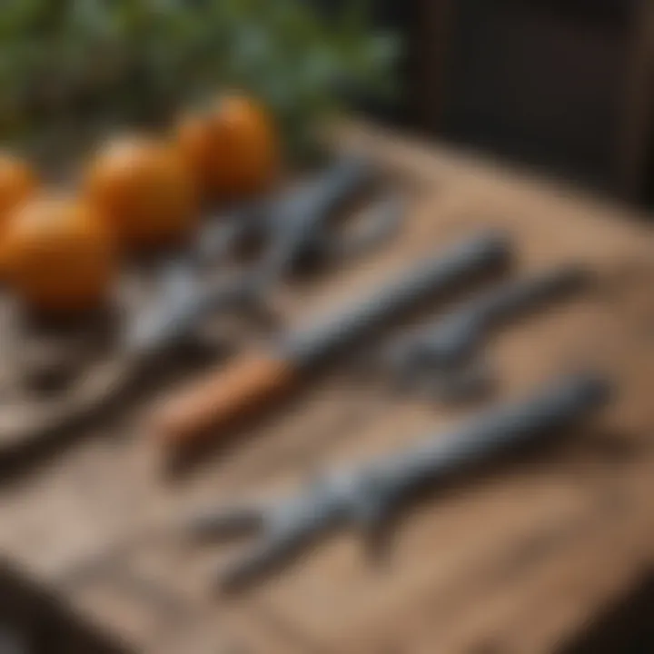 Pruning tools laid out on a rustic wooden table