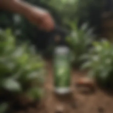 A gardener applying an organic insect killer to plants with a spray bottle.