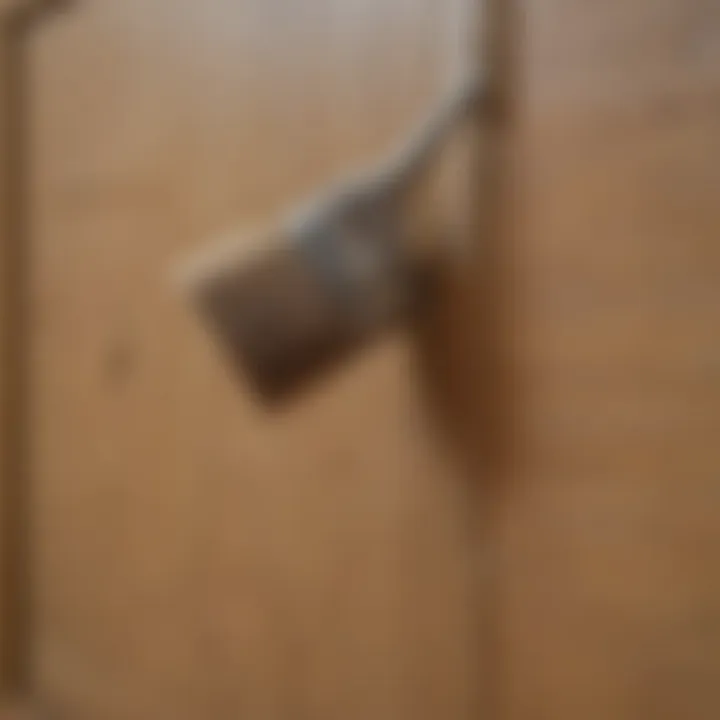 Close-up of brush applying paint to oak cabinet