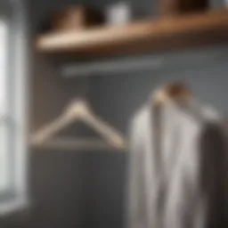 A collection of minimalist clothes hangers made from natural wood, showcasing their design and practicality in an organized closet.