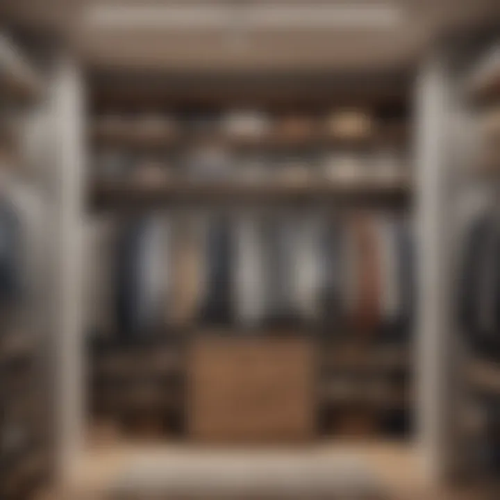 A well-organized wardrobe featuring various types of clothes hangers and neatly arranged garments, emphasizing effective organization.